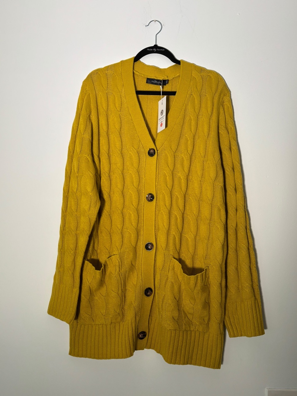 Merokeety Womens Cable Knit Cardigan Mustard Yellow Button Front Pockets 2XL NWT
